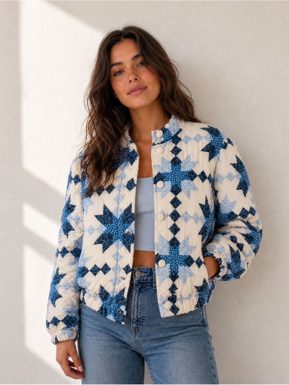 House of Harlow 1960 Diamond Star Linen Blend Quilted Jacket Blue Cream